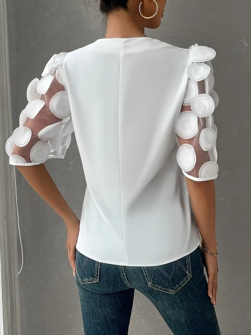 Women Summer Career Solid V-neck Lace Patchwork Short-sleeved Shirt 7