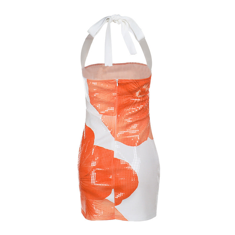 Autumn Floral Sequin Halter Neck Women's Chic Bodycon Dress 16