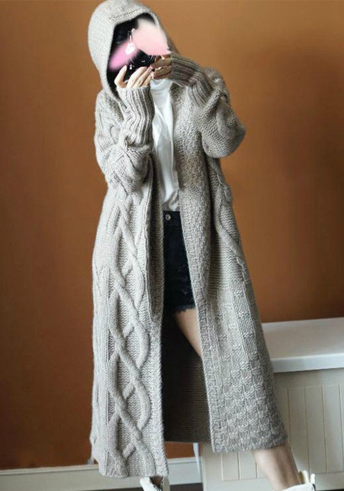 Women Long Loose Cardigan Hooded Twisted Sweater Coat