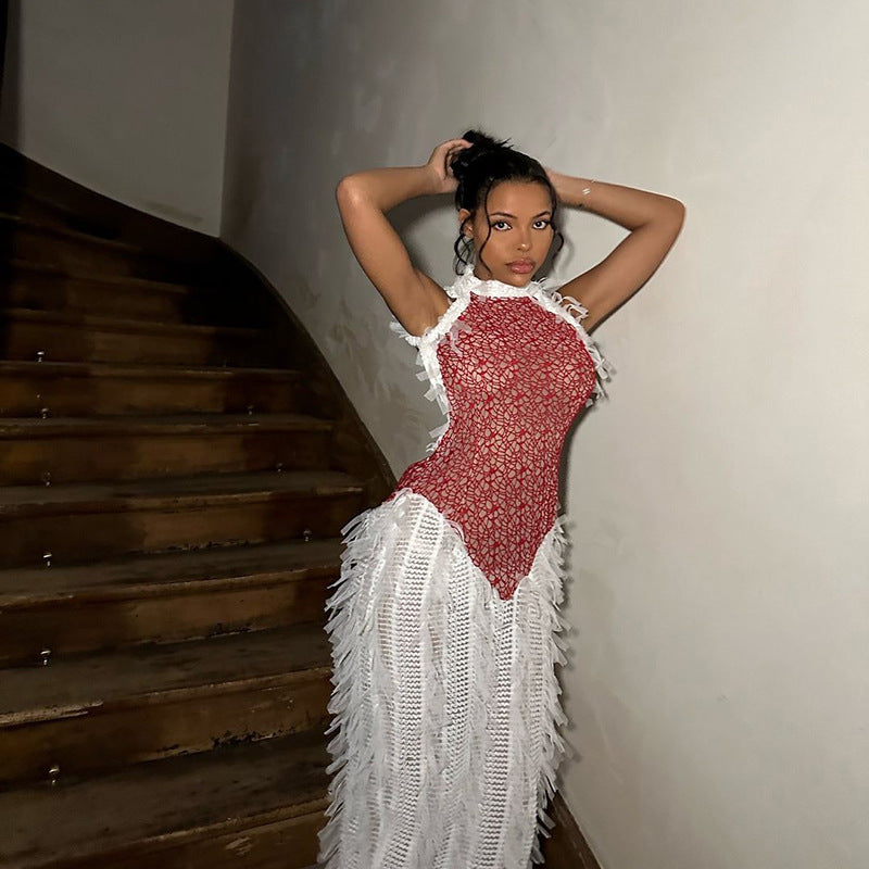 Summer Women's Trendy Sleeveless Fringe See-Through Patchwork Low Back Maxi Dress 3