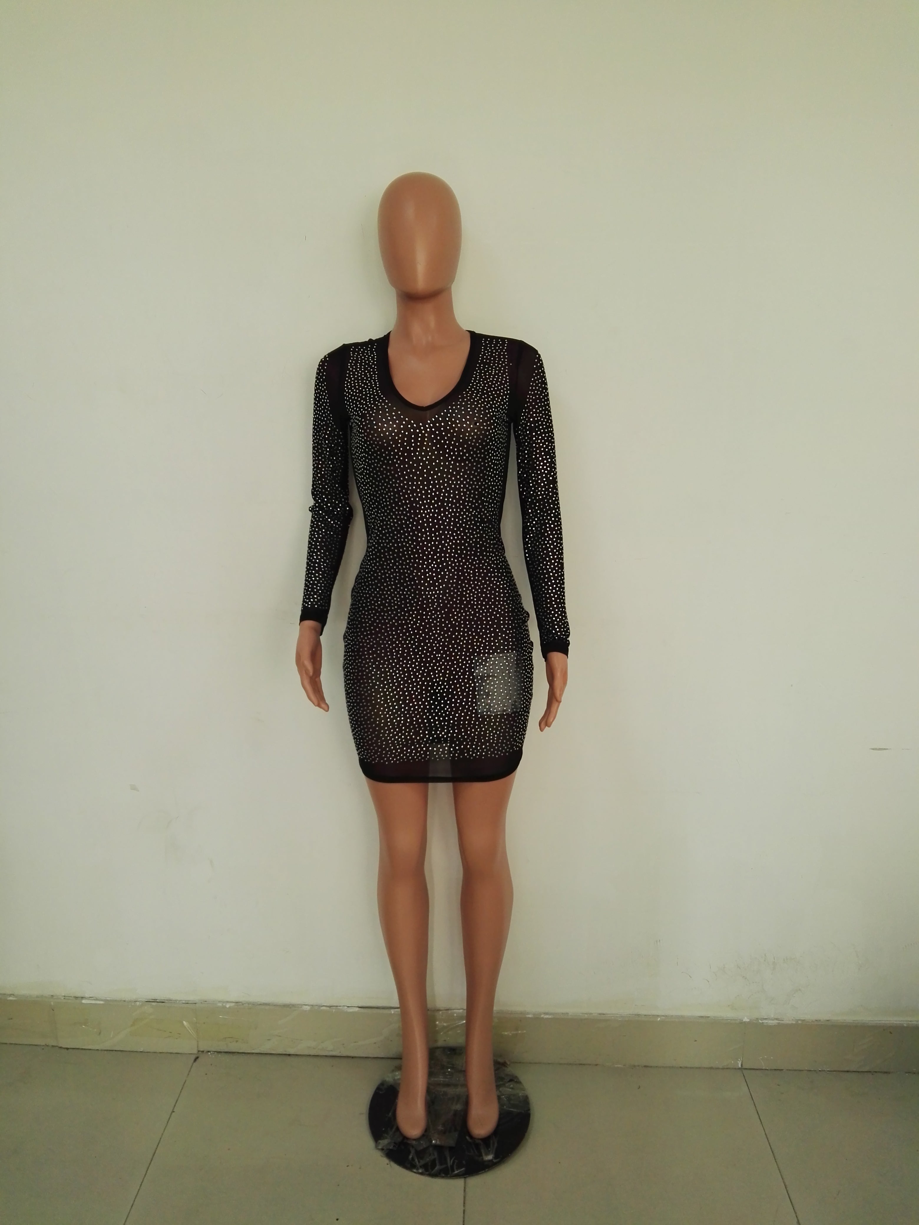 Women's See Through Mesh Beaded Long Sleeve Club Dress 9