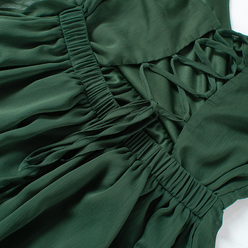 Women Summer Solid Casual Mesh Long Sleeve Lace-Up Backless Mini Dress 30