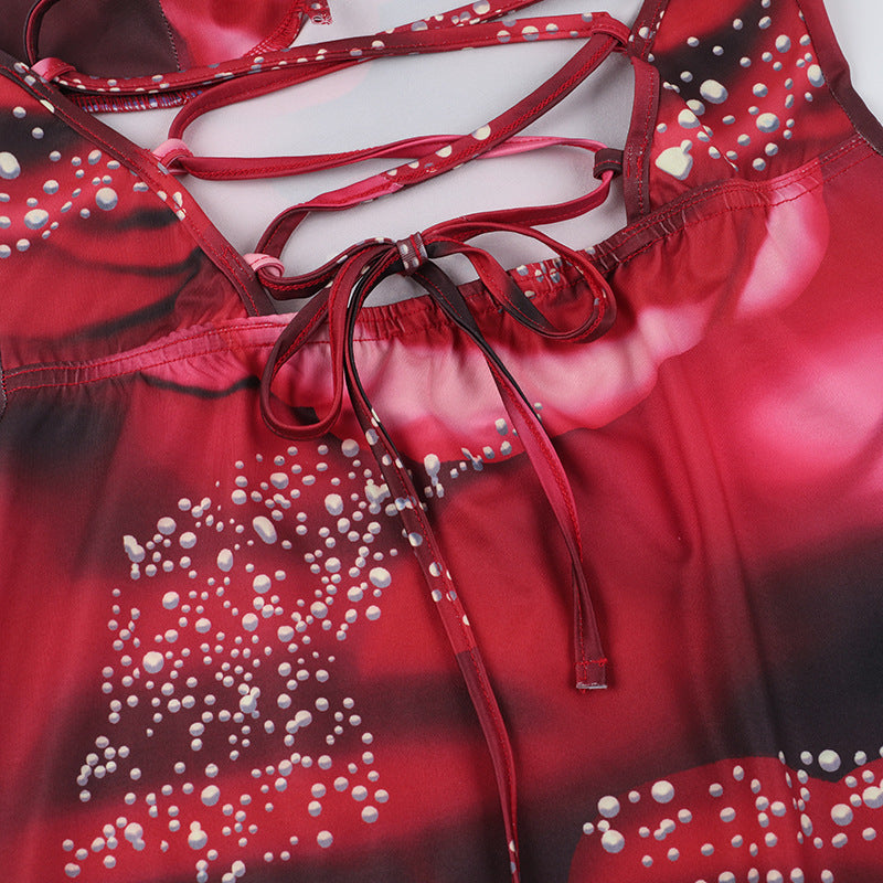 Sexy Low Back Lace-Up Slim Waist V-Neck Flower Print Strap Bodycon Dress 11