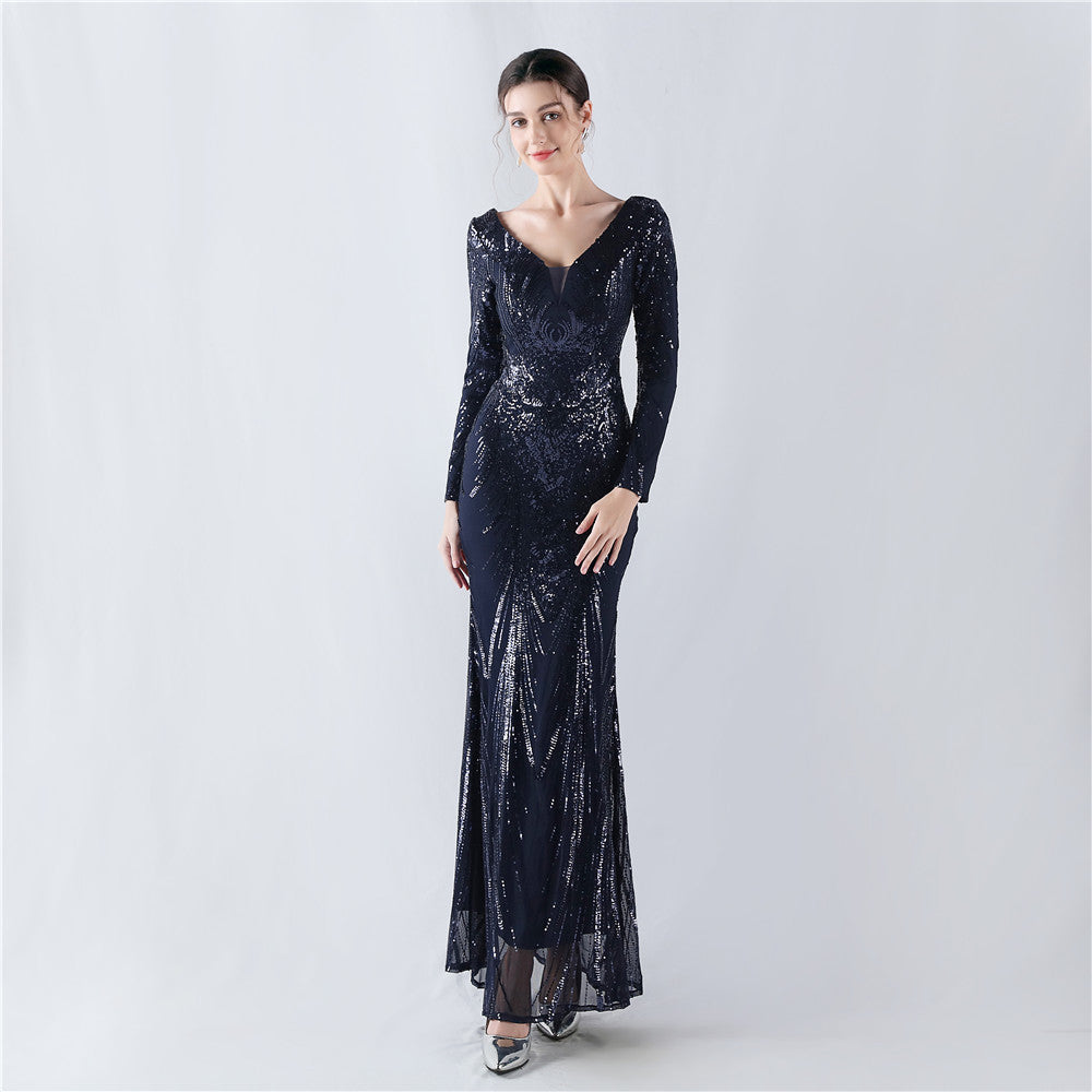 Women Positioning Flower Beaded Long Sleeve Evening Dress 7
