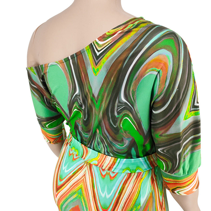 Plus Size Women's Summer Slash Shoulder Print Short Sleeve Wide Leg Jumpsuit 15