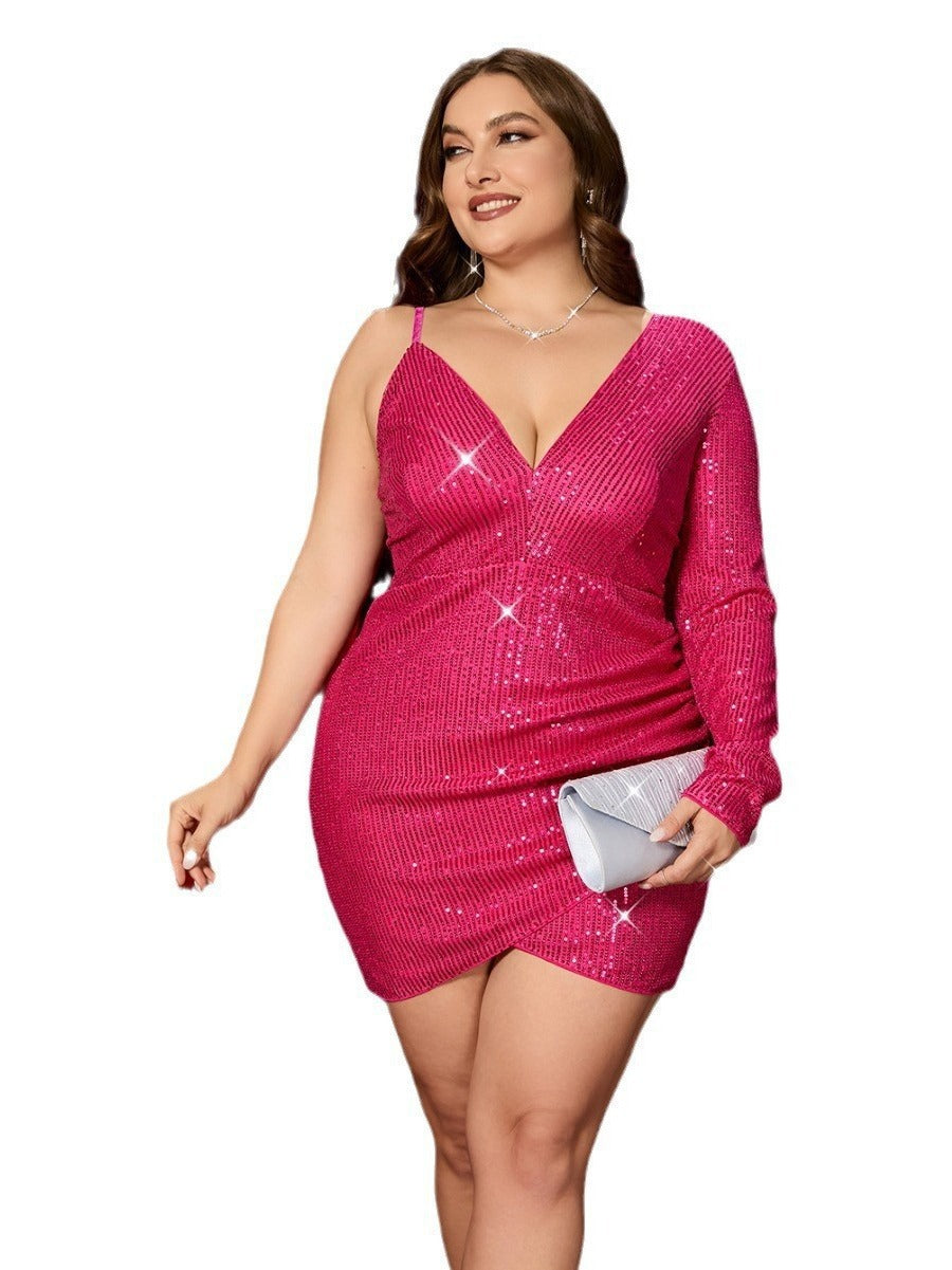 Plus Size Women Solid Sequin Asymmetrical Evening Dress 6