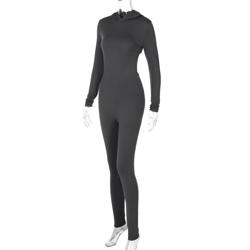 Women Winter Solid Long Sleeve Hooded Backless Sports Jumpsuit 11