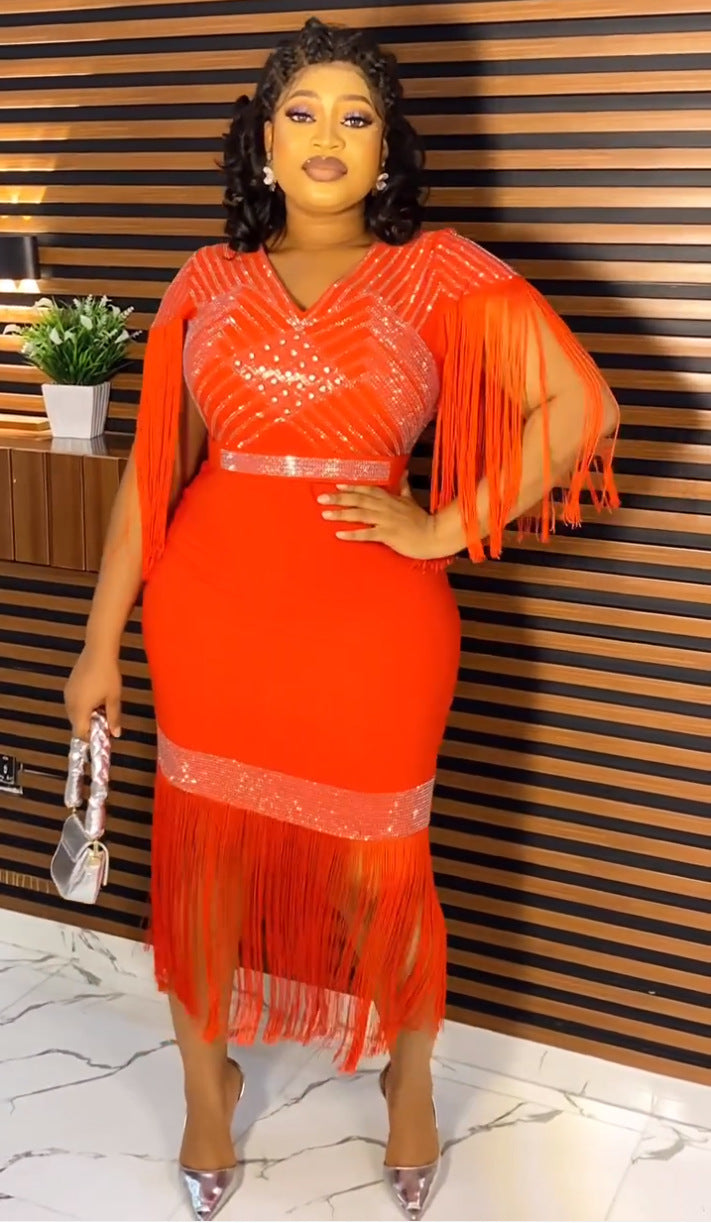 Plus Size Women African Beaded Fringe Dress 10