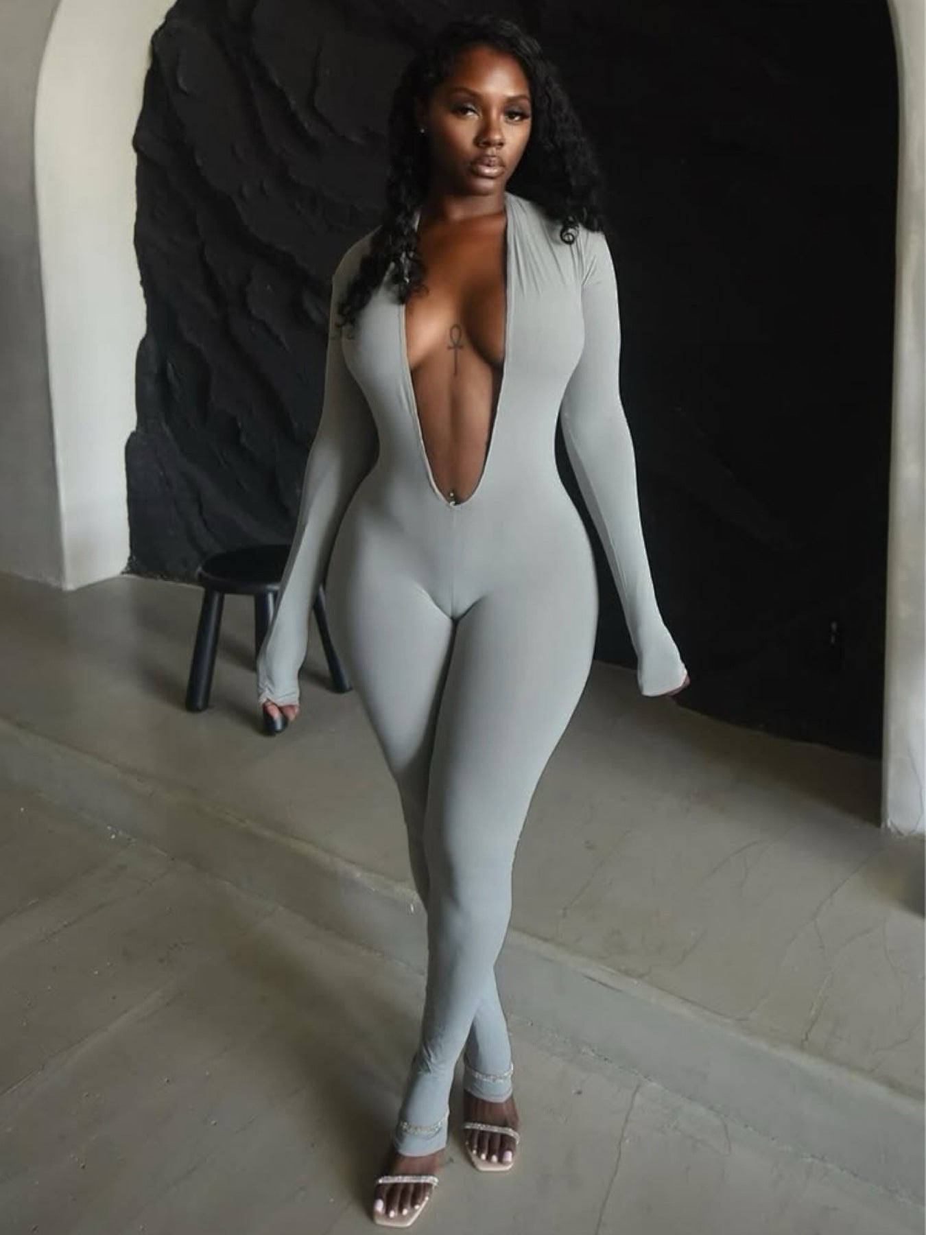 Fashion Sexy Tight Fitting  Long Sleeve Solid Color One-Piece Jumpsuit
