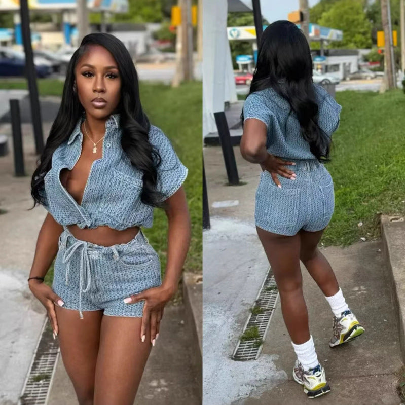 Women Summer Casual Denim Top and Shorts Two Piece Set 3