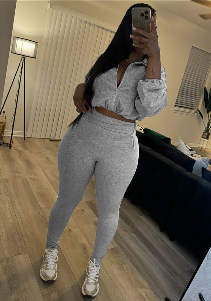 Women's Fashion Turndown Collar Zipper Sports Long Sleeve Top Slim Bell Bottom Pants Yoga Two Piece Set