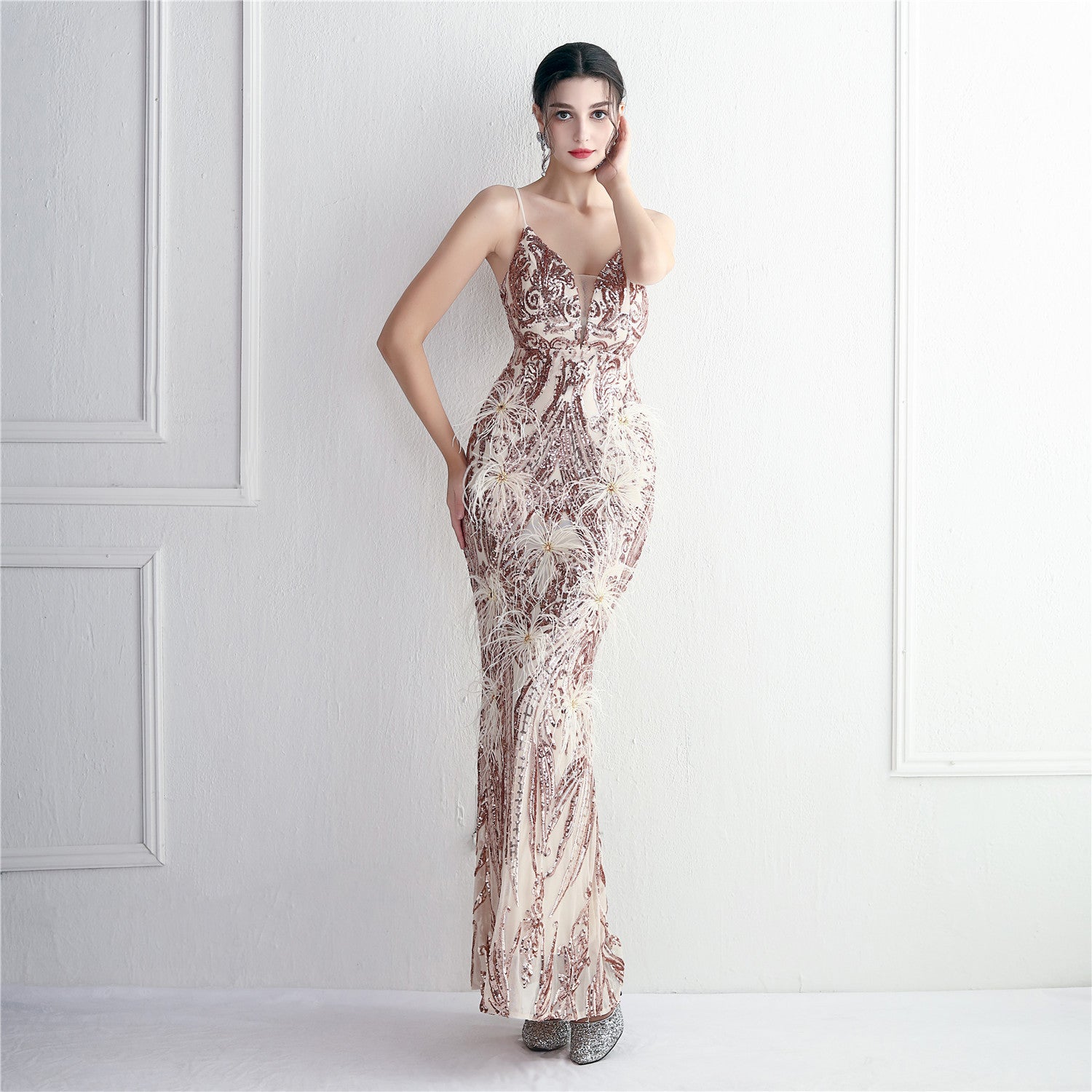 Positioning Flower Beading Wool Dress Long Formal Party Slim Evening Dress 5