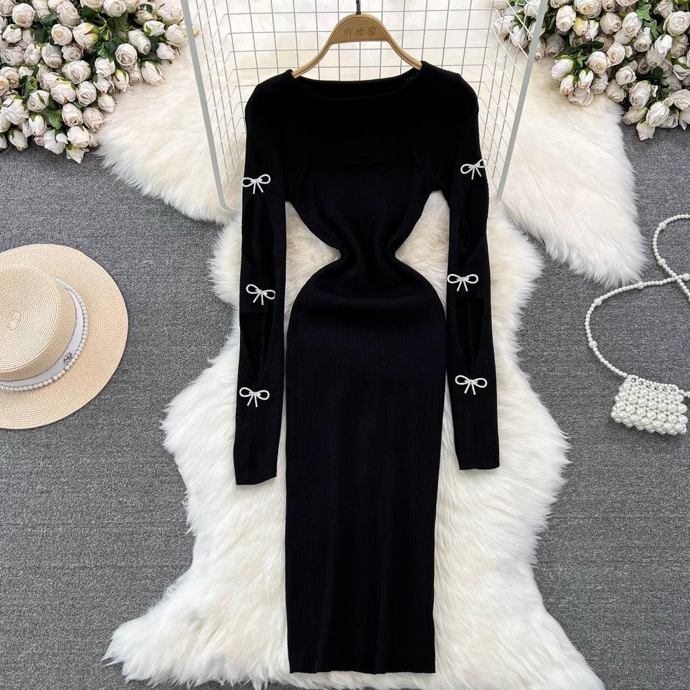 Autumn And Winter Sexy Long Sleeve Round Neck Hollow Slim Waist Slim Fit Knitting Bodycon Basic Dress 11