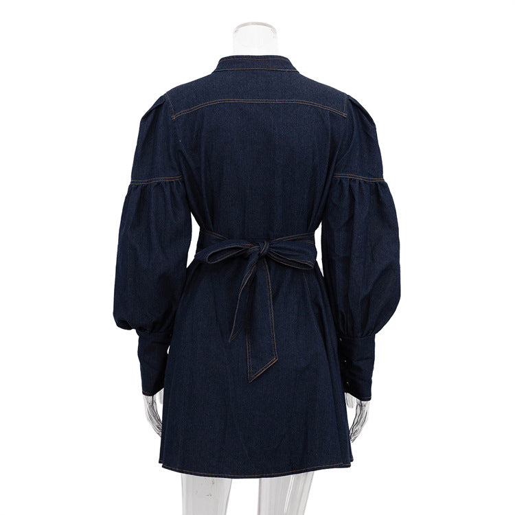 Women Denim lantern sleeve tie shirt dress 8