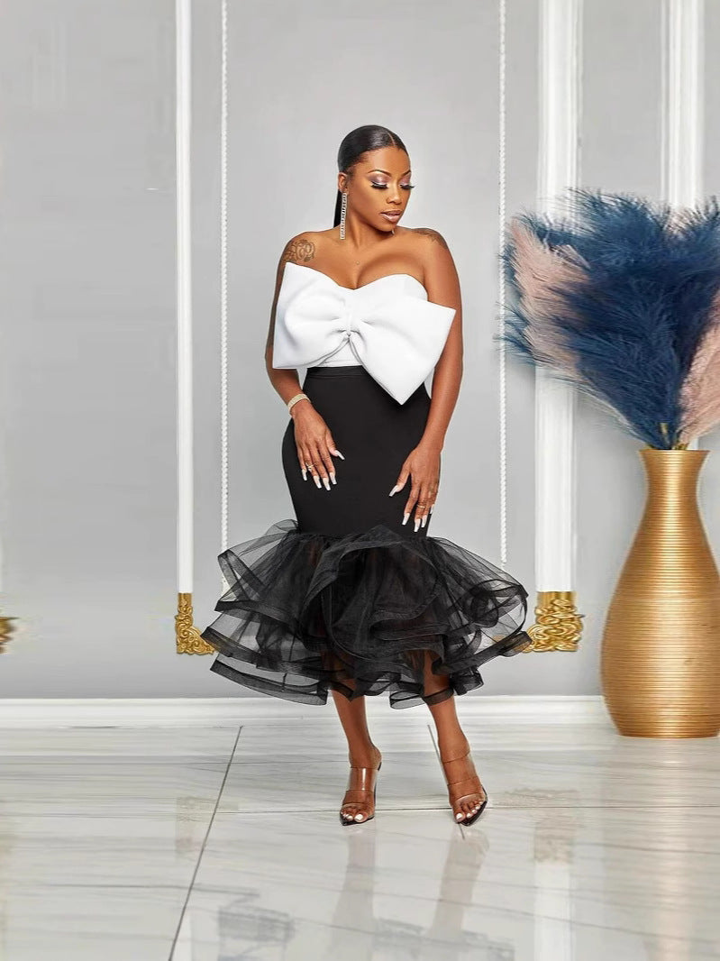 Women Sexy Contrast Strapless Off-Shoulder Bowknot Mesh Bodycon Skirt Two-Piece Set 6