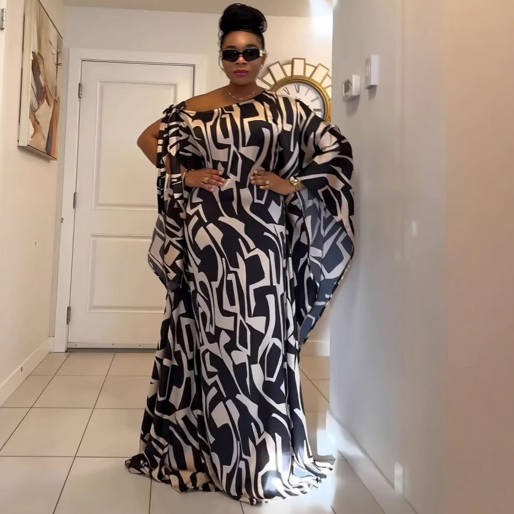 Women Print Lace-Up Slash Shoulder Dress 3