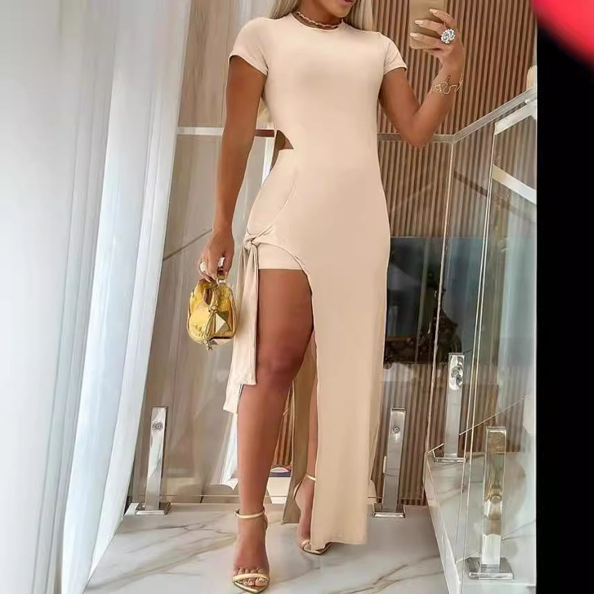 Spring Summer Solid Color Slim Sexy Slit Dress  Shorts Two Piece Set 9