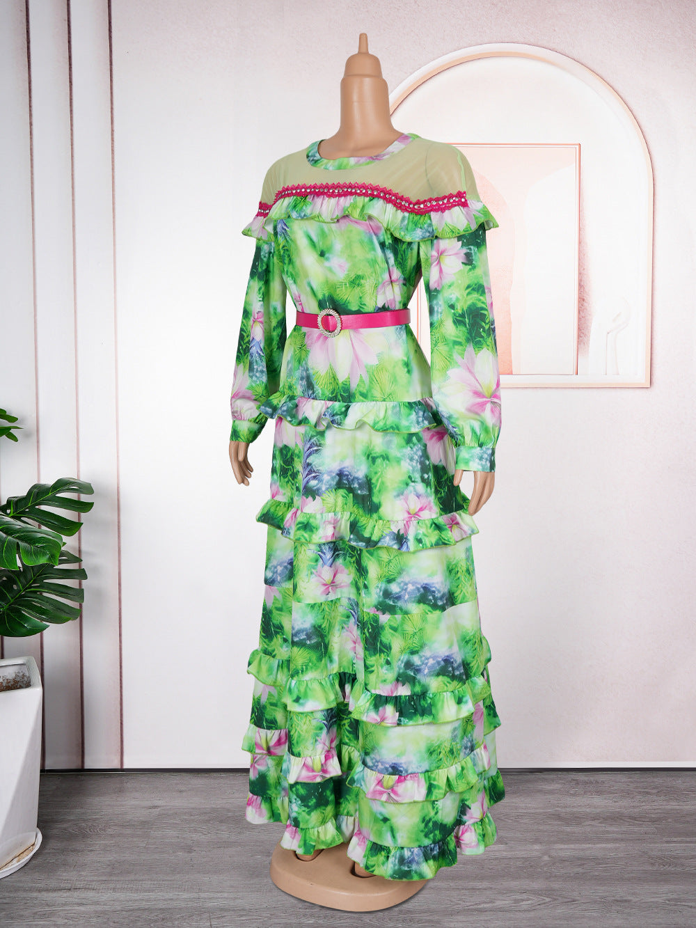 Plus-size African Women ruffled print beaded belt dress 9