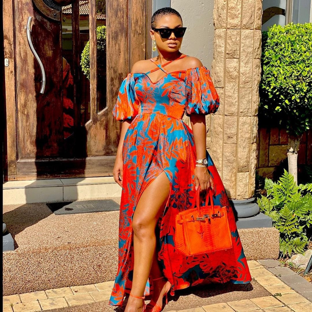 Spring/Summer Women'S Printed Strap Halter Off Shoulder Slit Maxi Dress 3