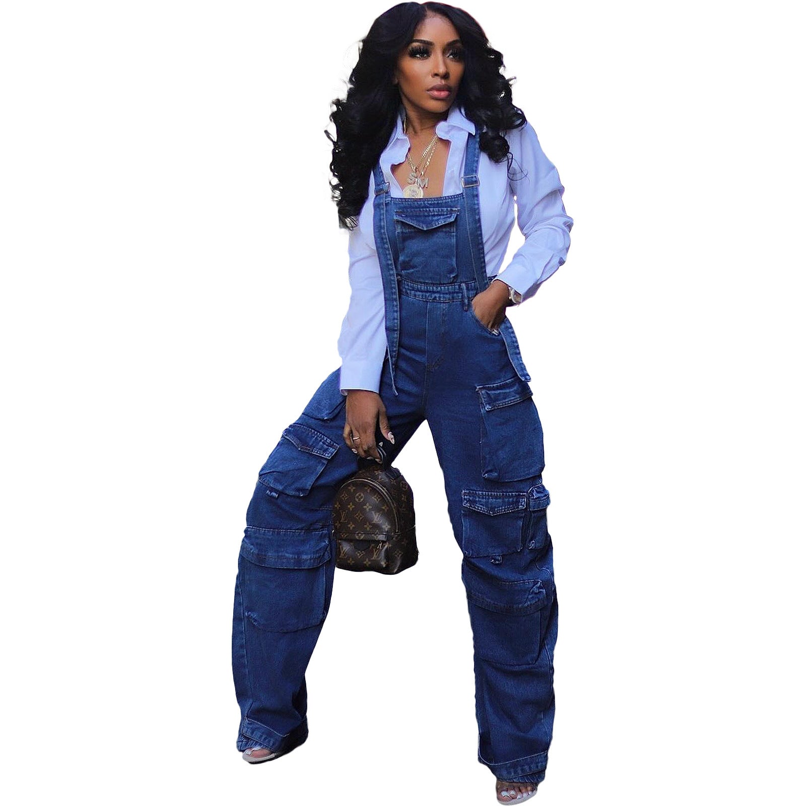 Women style washed Denim loose cargo overalls 14