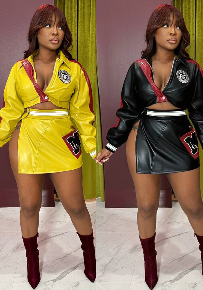 Women PU leather printed jacket and slit skirt two-piece set