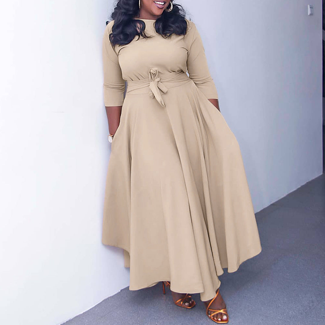 Women's Fall Winter Fashion Chic Solid long sleeve Belted African Plus Size Maxi Dress 20