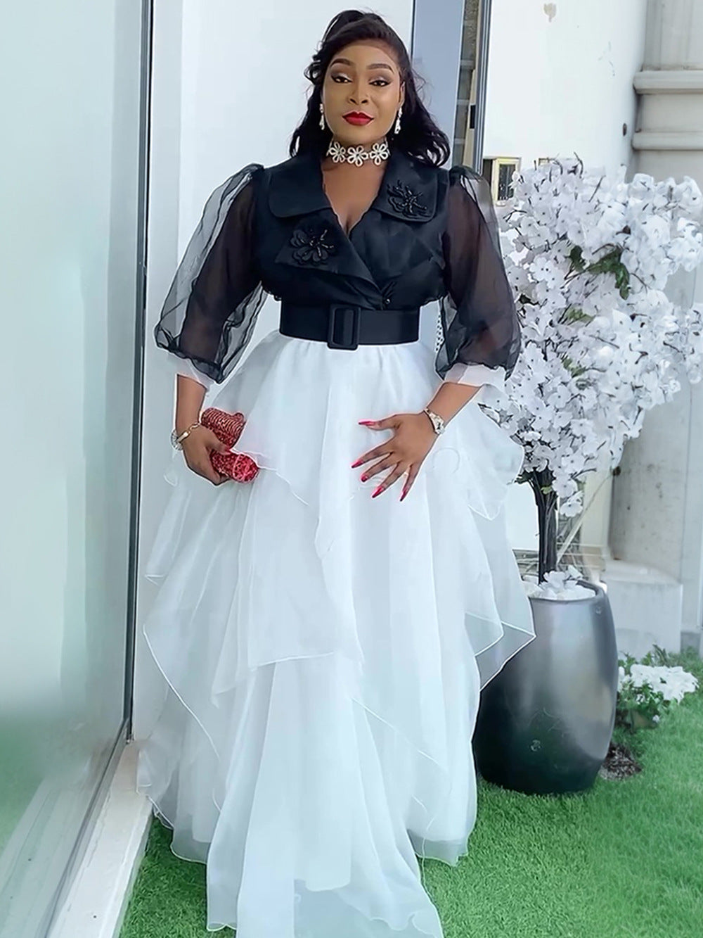 African Plus Size Women's Elegant Color Block Long Dress 6