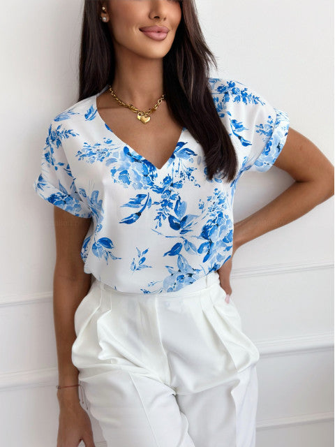 Women summer printed V-neck loose short-sleeved shirt 14