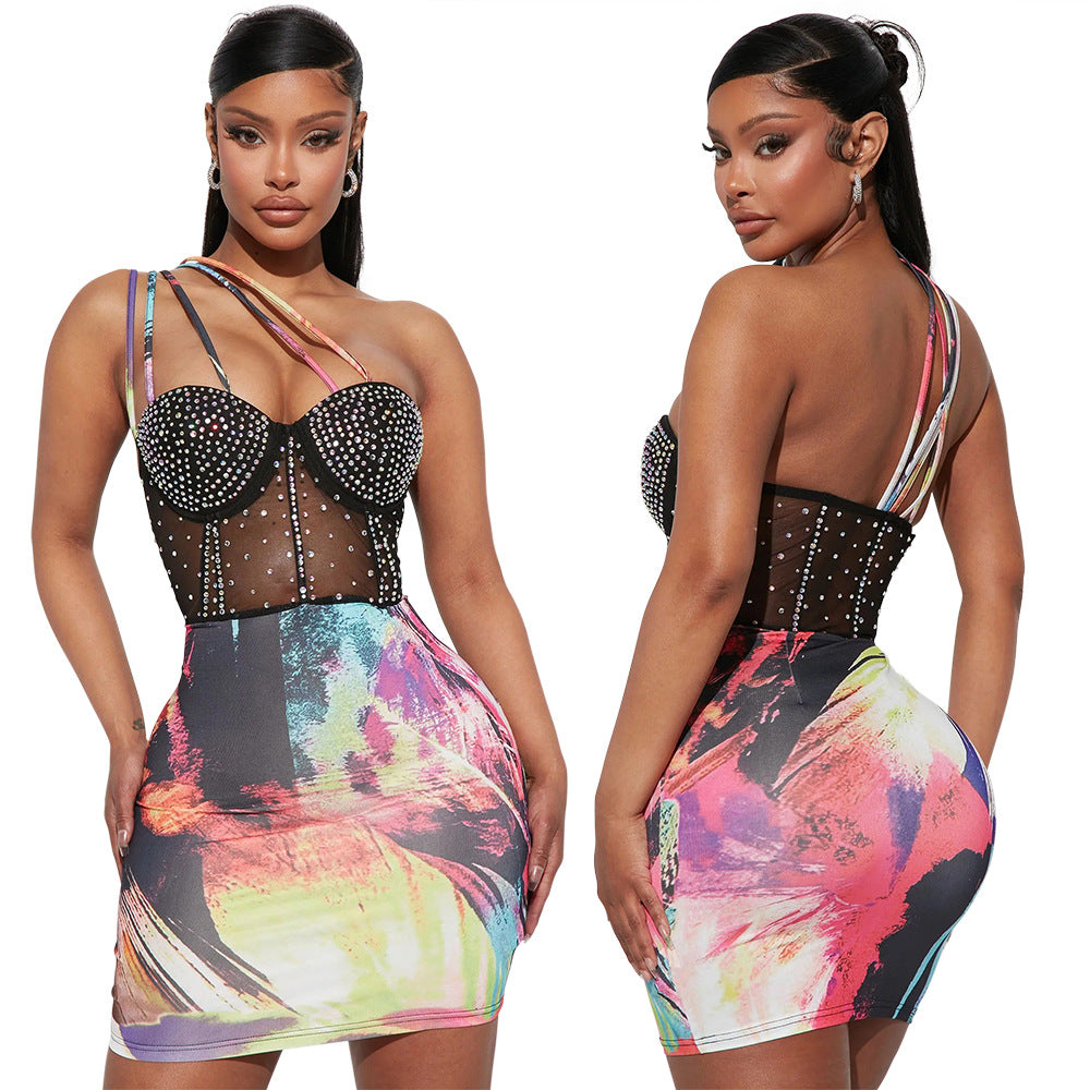 Fashion Beaded Strap Mesh Patchwork Dress