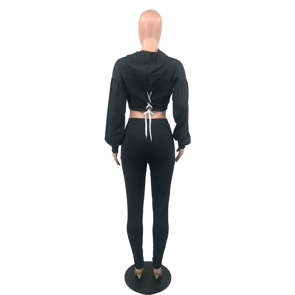 Women Autumn/Winter Long Sleeve Top+Lace-Up Pants Solid Color Two-piece Set 32