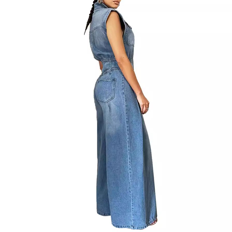 Women's Casual Sleeveless Denim Wide Leg Jumpsuit 5