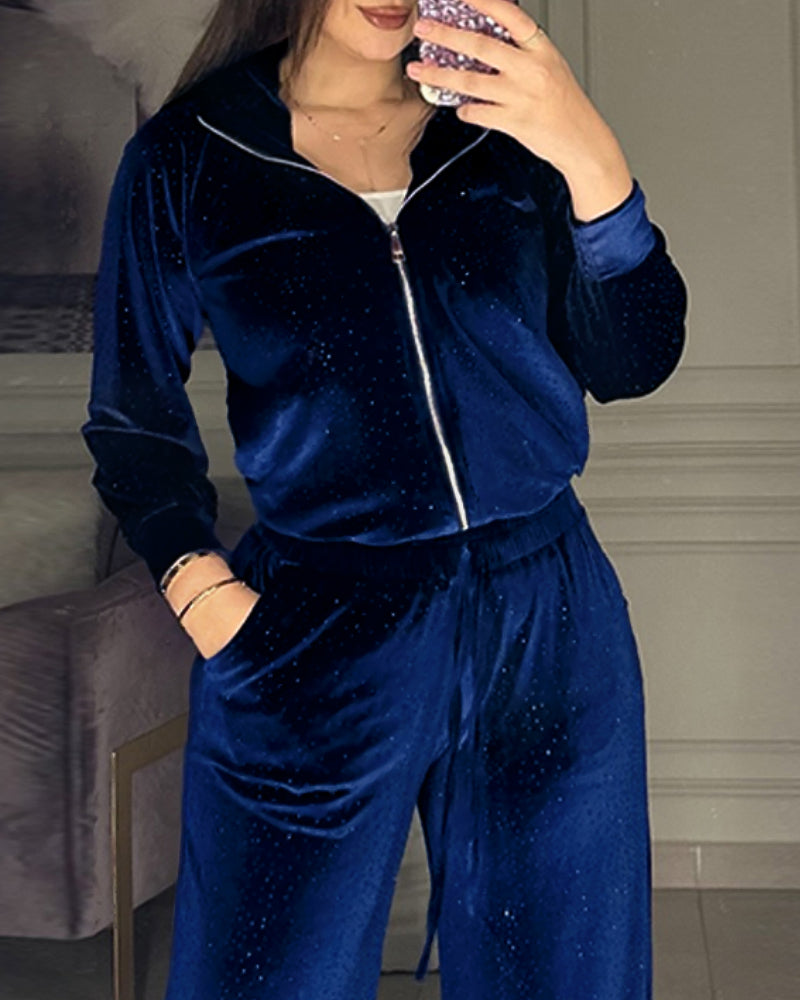Women Royal Blue Veet Casual Hoodies and Pants two-piece set 3