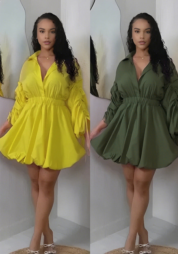 Sexy Casual Drawstring Puff Long Sleeve Shirt Dress