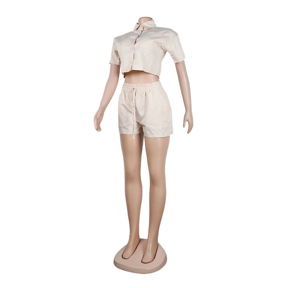 Women Casual Short Sleeve Shirt + Shorts Two Piece Set 13