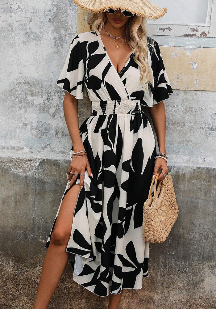 Elegant Floral Slit Dress V-Neck Belted Summer Dress