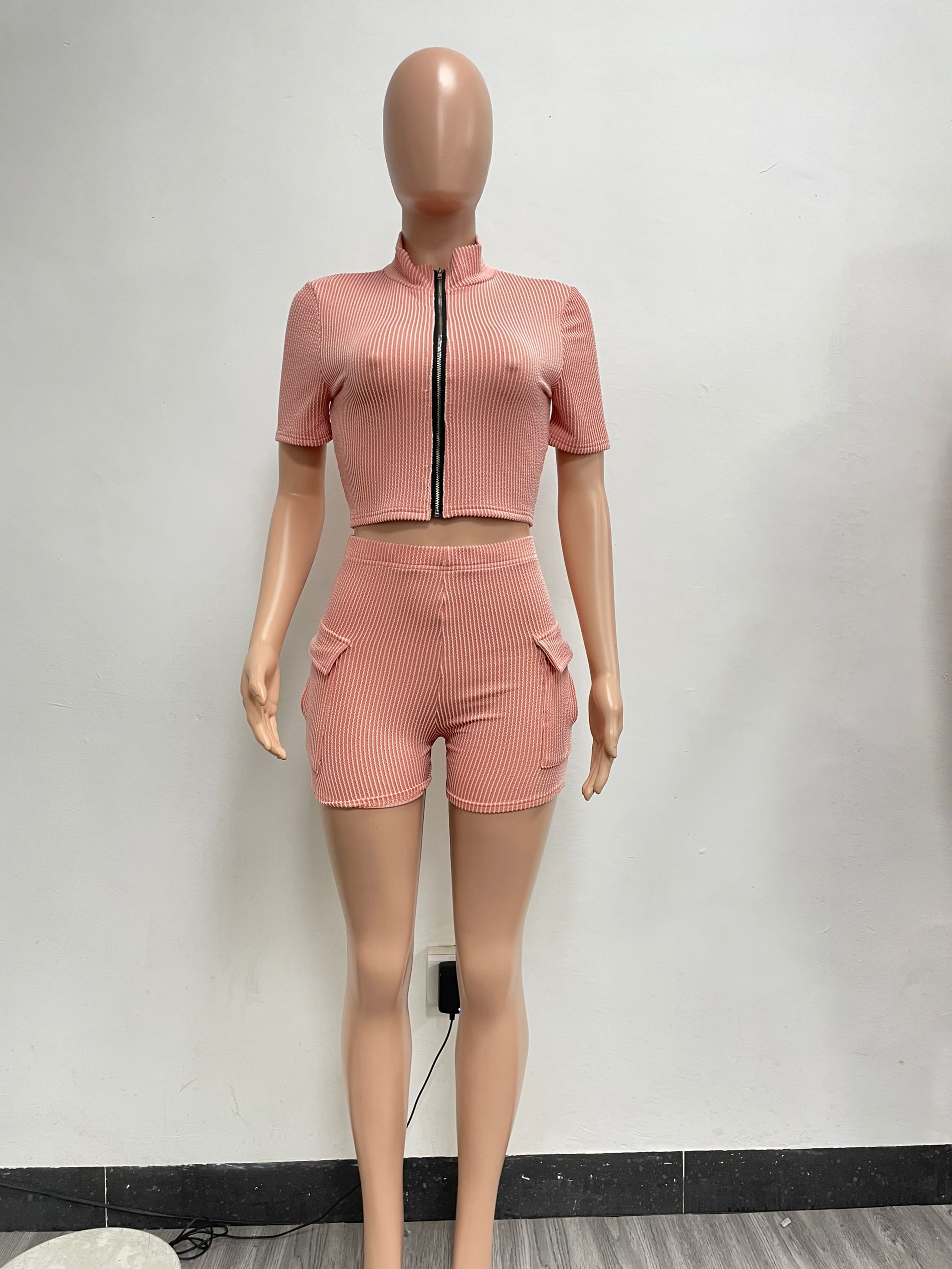 Female Fashion Two-Way Zipper Casual Solid Color Short Sleeve Two Piece Shorts Set 12