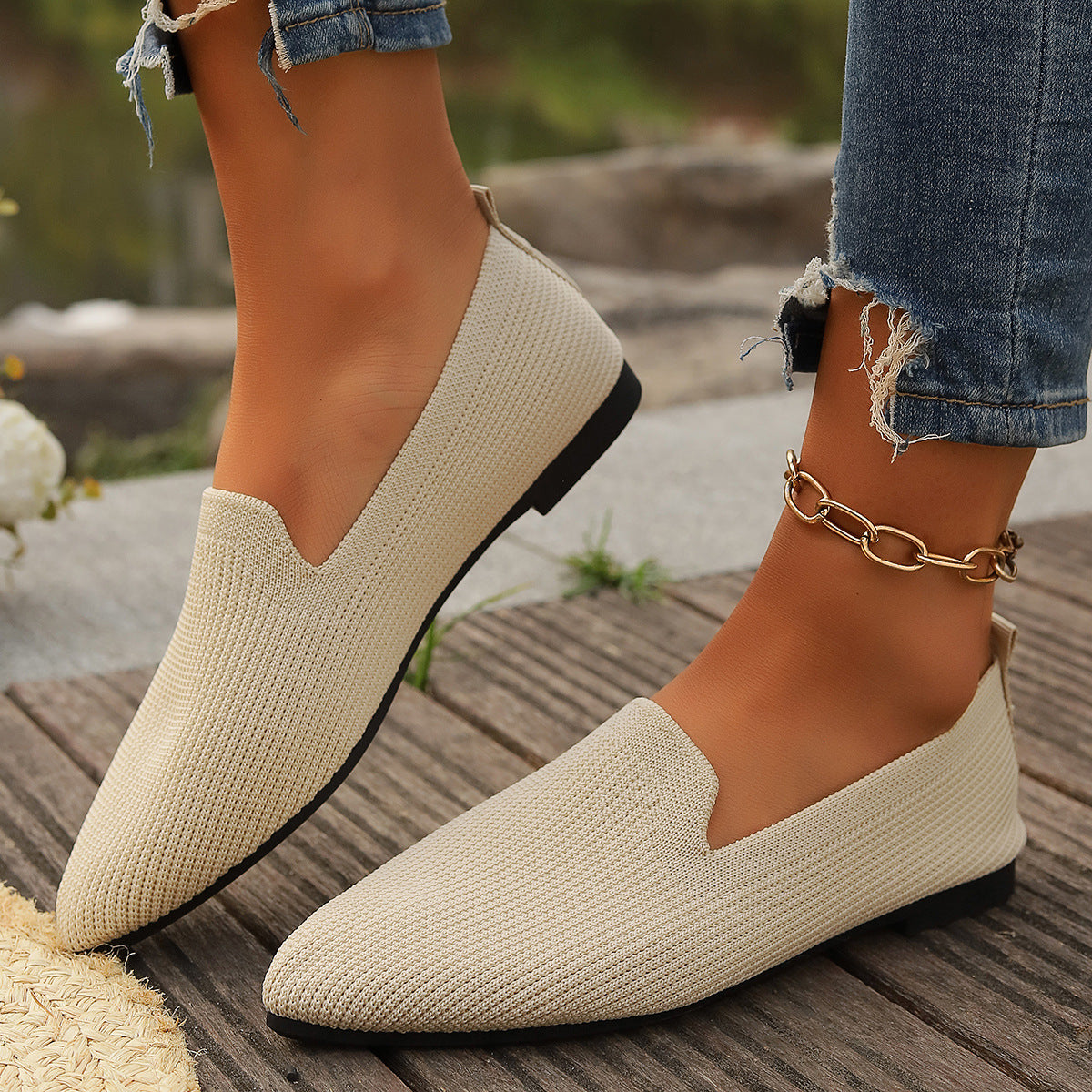 Summer Plus Size Women's Flat Pointed Toe Knit Casual Comfortable Shoes 8