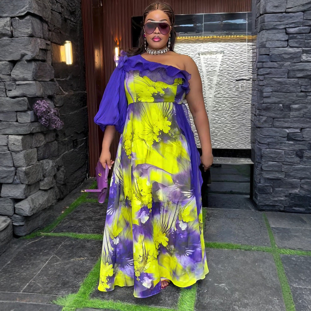 Plus-size African print off-shoulder spring/summer chiffon dress 5