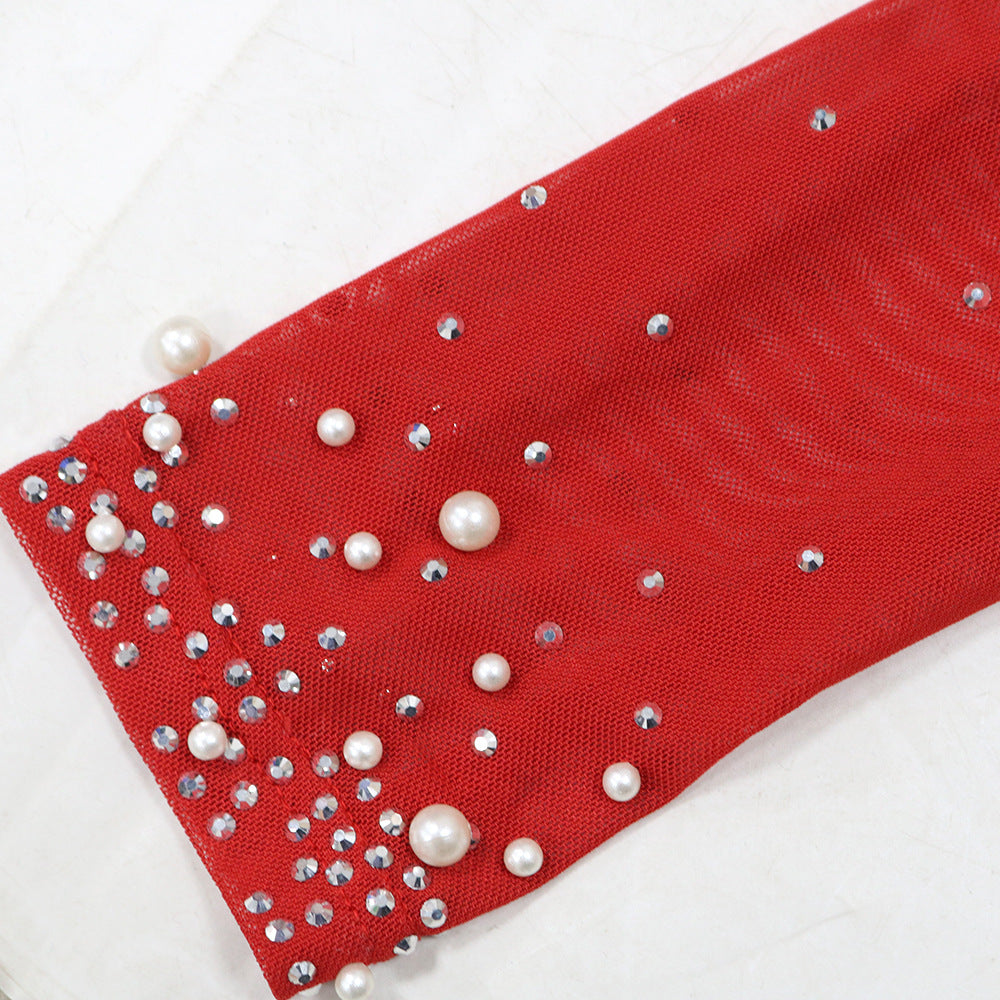 Fashionable Round Neck Mesh sequined long-sleeved top high slit skirt two-piece set for women 17