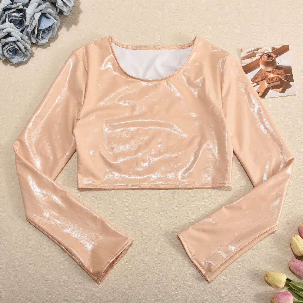 Women Autumn Long Sleeve Round Neck pu-Leather Top and Pleated Skirt Two-piece 7