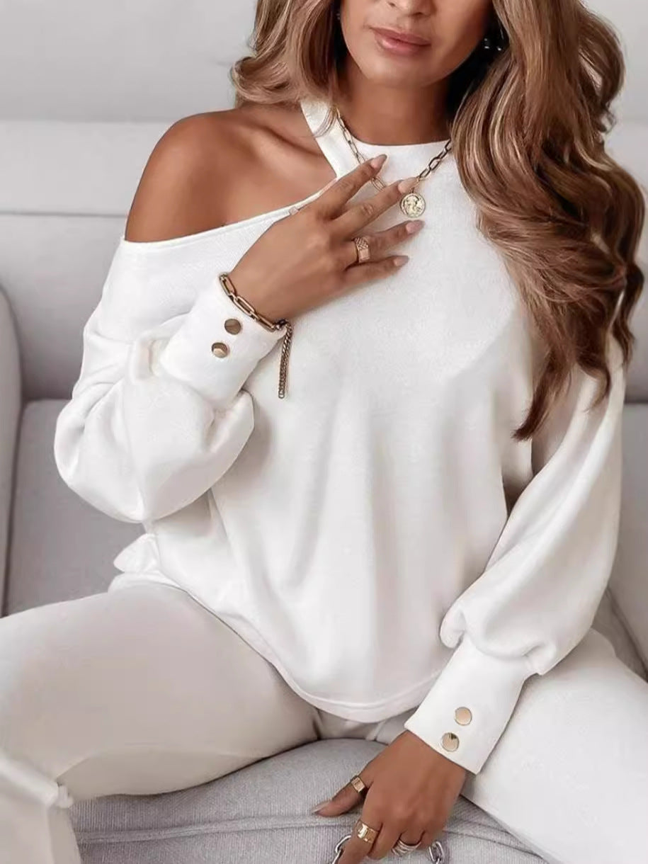Women's Fashion Casual Solid Color Sexy Long Sleeve Single Shoulder Two Piece Pants Set