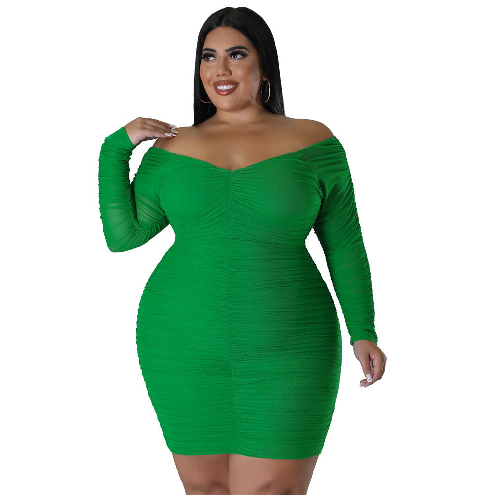 Plus Size Women Fall Off Shoulder Long Sleeve Bodycon Dress 14