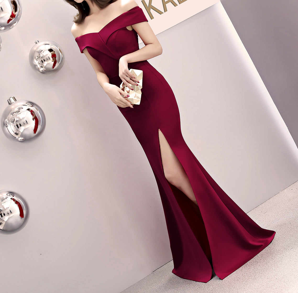 Women Summer Formal Off Shoulder High Slit Mermaid Evening Dress 19