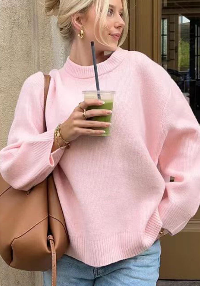Women Loose-Cut Winter Pink Round Neck Casual Sweater
