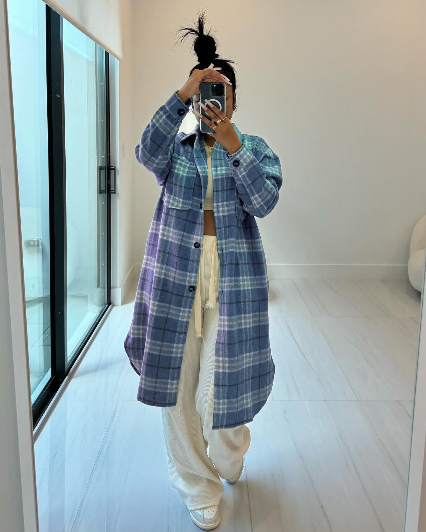 Spring Women's Clothing Fashionable Turndown Collar Pocket Plaid Shirt 4