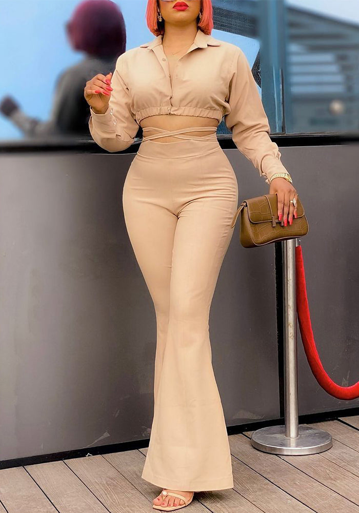 Women Plus Size Fashion Chic Turndown Collar Shirt High Waist Bell Bottom Pants Two Piece Suit