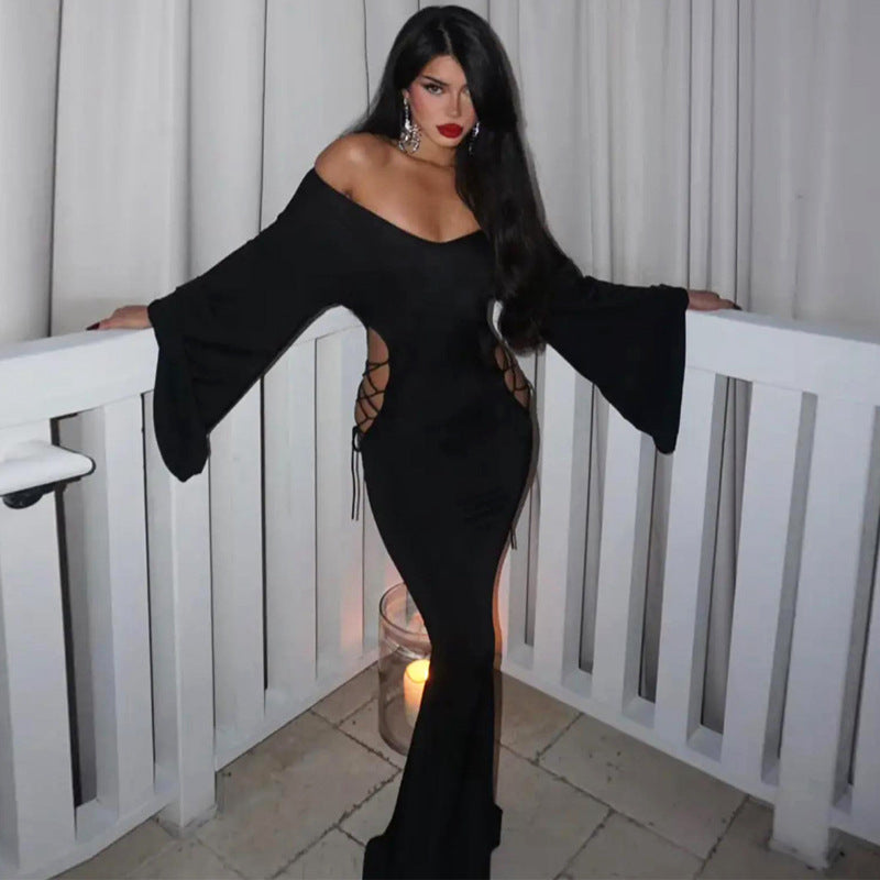 Women Autumn and Winter Tie Hollow Off Shoulder Loose Long Sleeve Dress 4