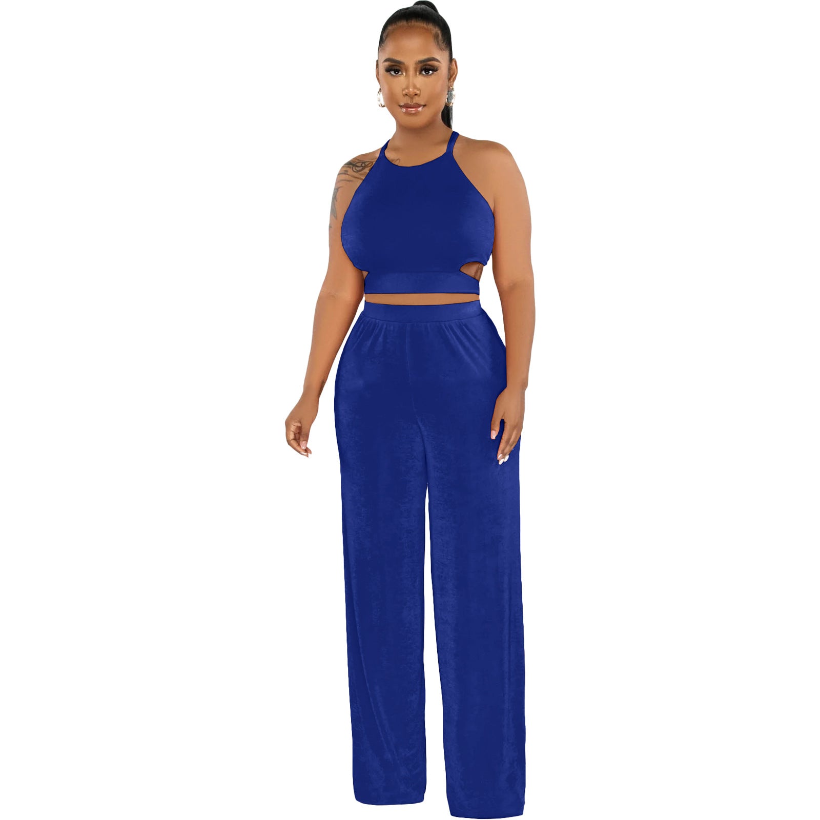Women Halter Neck Crossover Crop Top andSolid Wide Leg Pants Two-Piece Set 10