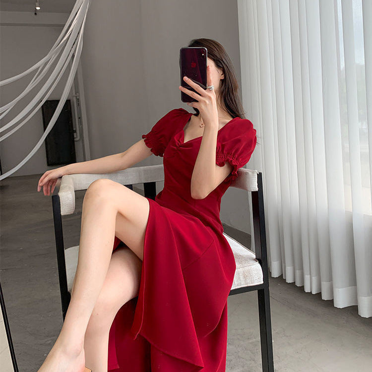 Women Summer French Style Puff Sleeve Square Neck Slit Long Dress 9