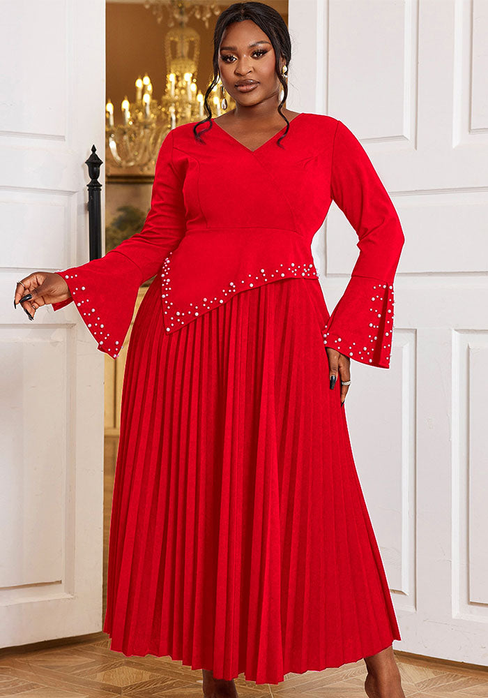 V-neck pleated Bell Bottom sleeve dress Career Formal Party pleated Dresses